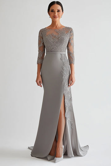 Silver Bodycon Appliques Mother of Bride Dress With Slit